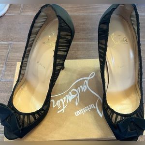Christian Louboutin, Black Crepe Satin/Chiffon high heeled pump with peep toe
